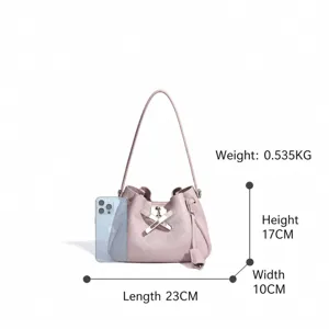 Luxury genuine leather bucket bag, elegant minimalist shoulder bag, compact size 23x10x17cm.