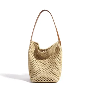 Women summer woven beach shoulder bag large capacity casual straw bucket bag with leather strap