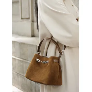 Autumn retro women's suede bucket bag with metal lock detail, versatile shoulder crossbody bag.