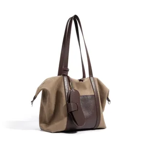 Grand sac cabas epaule en toile avec patchwork en cuir, sac a main de loisir quotidien.