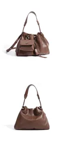 Brown leather hobo shoulder bag with chic pleated design, versatile retro crossbody purse.