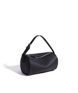 Sac cylindrique minimaliste en cuir noir, élégante matière de vachette, style branché.