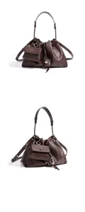 Dark brown slouchy shoulder bag with attached small pouch and braided handle for women.