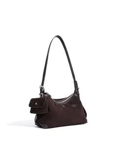 Detailed view of dark brown suede shoulder bag featuring a slouchy hobo silhouette and strap pouch.