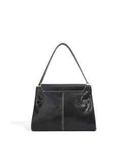 Sac à épaule classique en cuir noir avec surpiqûres blanches et design minimaliste élégant.