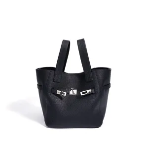 Black genuine leather bucket bag with top handles and metal lock hardware detail.