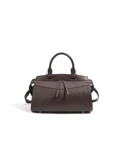 Bolso de mano de cuero marrón oscuro con asas, elegante bolso bandolera tipo bowling de mujer.