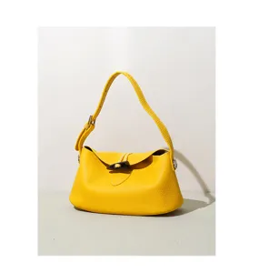Bolso de hombro de cuero con grano litchi amarillo, bolso casual elegante para mujer diario.