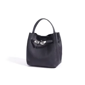 Black genuine leather handbag featuring metal lock closure, elegant daily shoulder bag.
