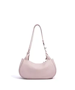 Sac à épaule croissant en cuir véritable rose minimaliste, vue détaillée, sac de ville.