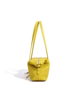 Bolso de mano de cuero genuino amarillo vista lateral con cremallera y asas dobles resistentes.