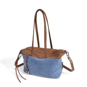 Sac à épaule élégant en jean et cuir avec grande capacité pour le quotidien des femmes.