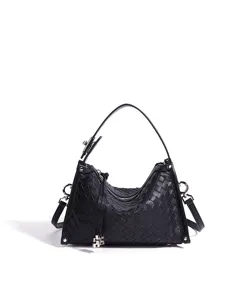 Sac à bandoulière classique en cuir tressé noir, sac à main élégant pour le bureau.