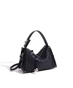 Sac a main en cuir tisse noir, elegante sacoche d'epaule pour femme au quotidien.