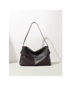 Elegant dark brown genuine leather shoulder handbag, minimalist design, premium quality detail.