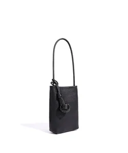 Schwarze Leder Mini Handytasche für Damen, weiche Umhängetasche mit stilvollem Knotendetail.