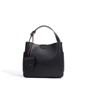 Black leather bucket bag detail view, casual commuting handbag with stylish handle wrap.
