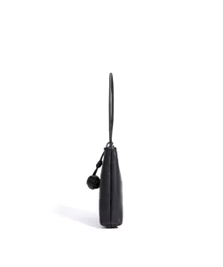 Schwarze Mini-Handy Umhängetasche aus echtem Leder, weiche genarbte Ledertasche Seitenansicht.