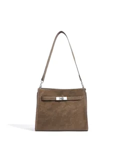 Bolso de hombro de cuero marrón detalle, diseño elegante de cierre giratorio, estilo ejecutivo.