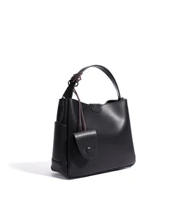 Black bucket shoulder bag for women, stylish large capacity commuter crossbody handbag with handle.