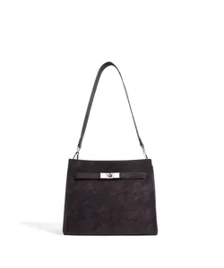 Bolso de hombro de cuero oscuro para mujer con cierre de metal y diseño de cercanías.