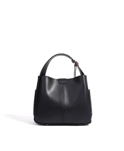 Women black leather bucket bag, vintage minimalist commuter shoulder crossbody bag.
