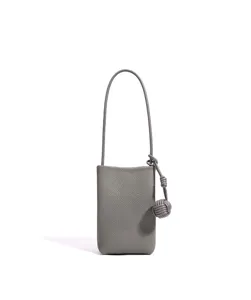 Graue Mini Handytasche aus Leder mit schickem Riemenknoten Detail, minimalistisches Etui.