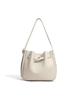 Bolso tipo cubo de hombro clásico de cuero crema con elegante cierre de giro metálico.