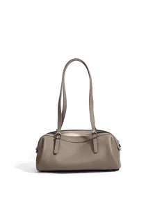 Graue Leder Umhängetasche für Damen, klassische Boston Handtasche mit Metall-Beschlag.