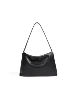 Close-up view of the soft black leather shoulder bag, highlighting premium texture and craft.