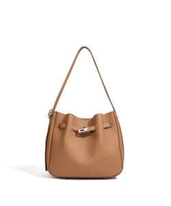 Bolso de cubo de hombro de cuero marrón diseño retro casual versátil bolso cruzado para diario