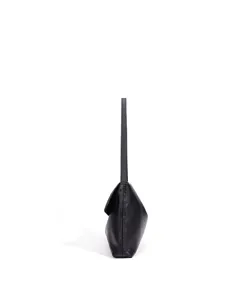 Side detail view of a black leather shoulder bag, showcasing fine texture and slim strap.