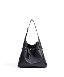 Schwarze Leder Umhängetasche für Damen, große Shopper Tasche mit Schnalle für den täglichen Weg.