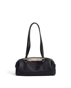 Detailansicht der schwarzen Leder-Schultertasche, klassisches Boston-Handtaschendesign.