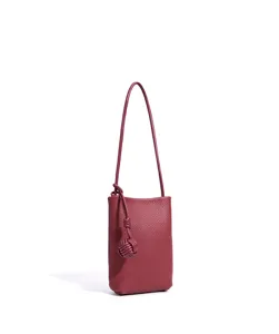 Burgunderrote Leder Mini Handytasche für Damen, weiche Umhängetasche mit Knotengriff