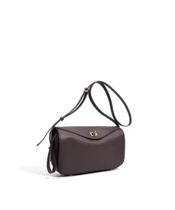 Détail de sac bandoulière minimaliste en cuir marron foncé avec fermoir métallique.