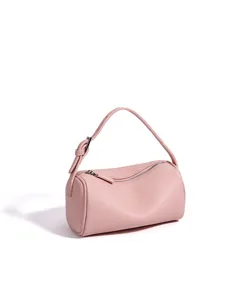 Sac sous les bras cylindrique en cuir rose, sac bandoulière minimaliste pour femmes.