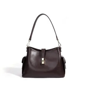 Bolso de hombro de cuero marrón oscuro, elegante bolso bombonera minimalista para el día a día.