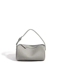 Sac a main cylindrique en cuir veritable gris, sac porte epaule minimaliste en vachette