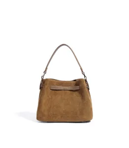 Brown suede bucket bag for women, retro shoulder handbag with top handle and stylish design.