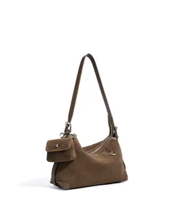 Vintage brown suede shoulder bag with small pouch, stylish casual underarm handbag for women.