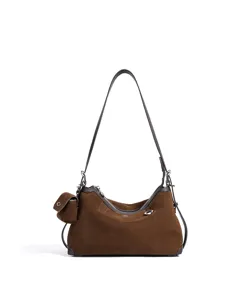 Detailed view of the brown suede shoulder bag featuring a mini side pouch and silver hardware.