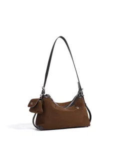 Retro suede underarm shoulder bag for women, trendy chic handbag with mini pouch and strap.