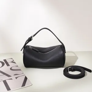 Sac Cylindrique en Véritable Cuir de Vachette Femme Minimaliste Aisselle Bandoulière Mode Décontracté Travail Sac à Main