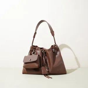 Minimalist Brown Leather Shoulder Bag with Braided Strap and Front Pouch for Women Commute