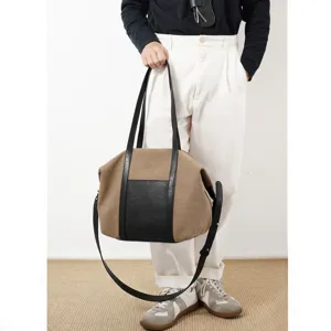 Grand sac cabas en toile unisexe, design en cuir bicolore, sac à épaule décontracté.