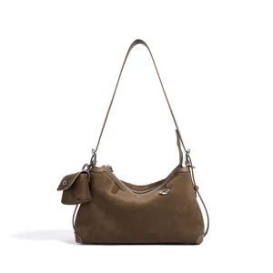 Brown suede shoulder bag for women, retro hobo handbag with small pouch and metal zipper.