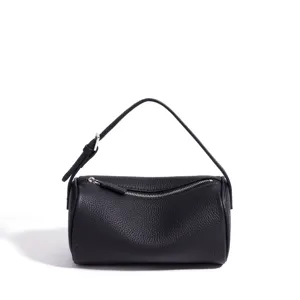 Sac à main cylindrique noir en cuir véritable pour femmes, élégant sac d'épaule minimaliste.