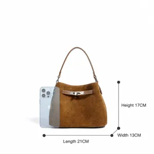Retro brown suede handbag for women, vintage shoulder bag with metal lock detail 21x13x17cm