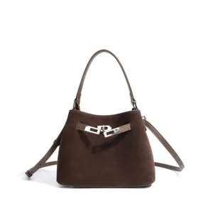 Brown suede shoulder bag retro bucket bag with metal lock top handle crossbody bag for women